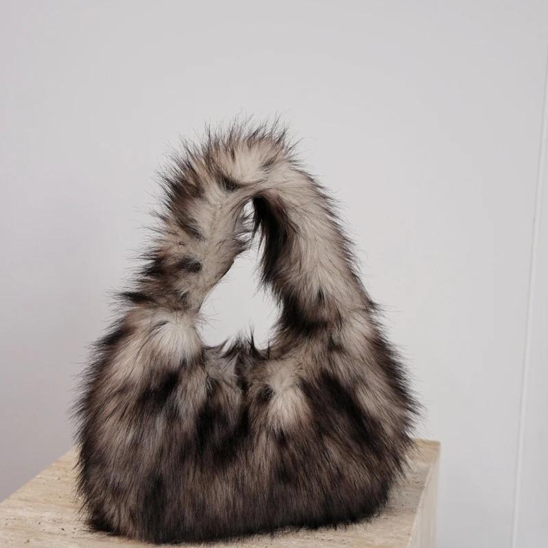 Leopard Plush Women's Hobos Underarm Bag Y2K Hot Girls Furry Clutch Shoulder Bags Luxury Faux Fur Female Fluffy Small Handbags