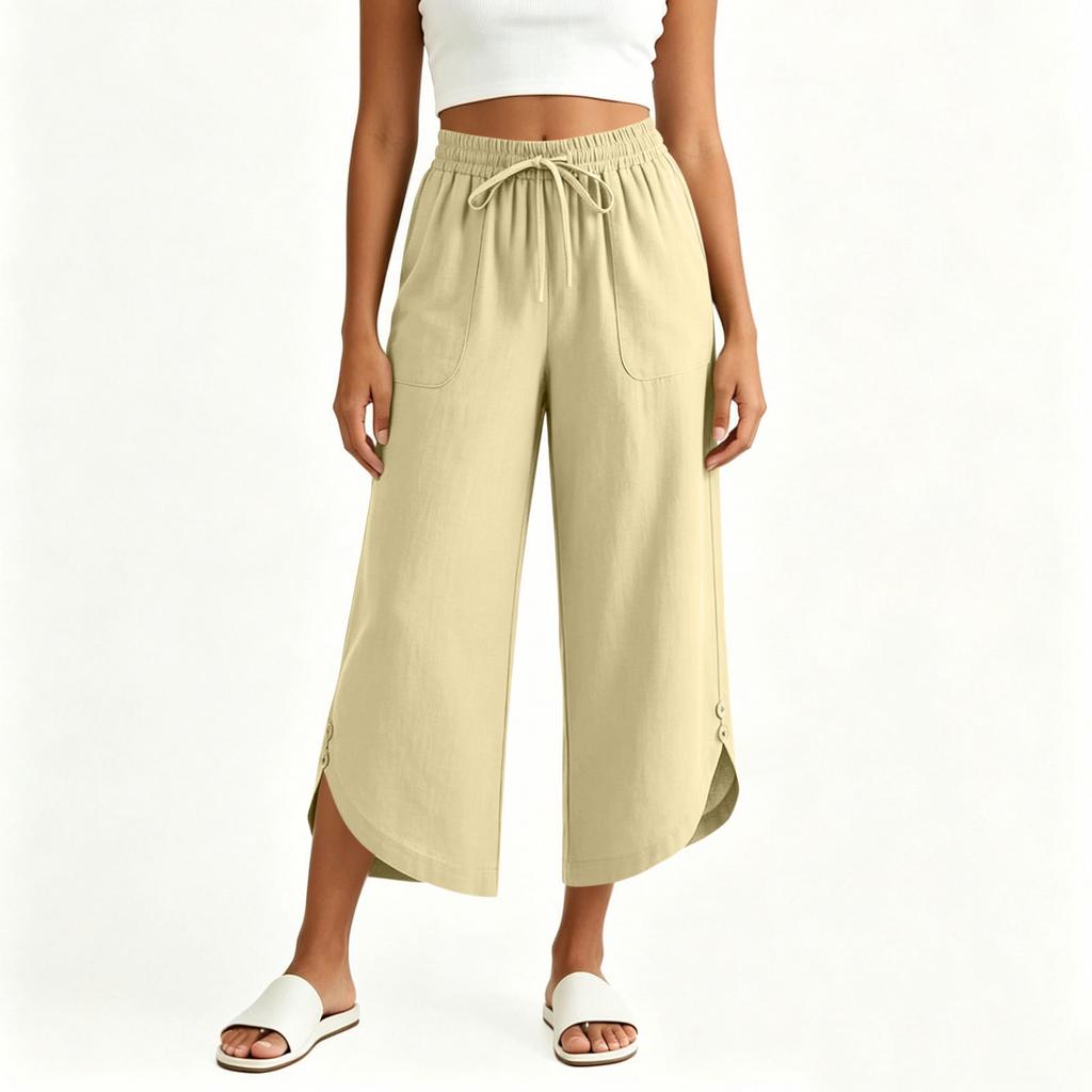 Women Casual Elastic Waist Drawstring Pants with Pockets Side Button Detail Relaxed Fit Cropped Trousers for Everyday Wear