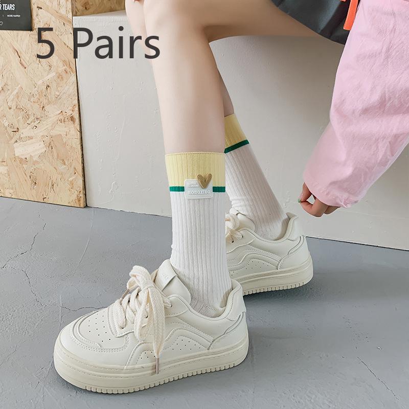 5 Pairs of New Female Spring and Summer Sweat Absorbing Color Collage Style Long Tube Stack Socks