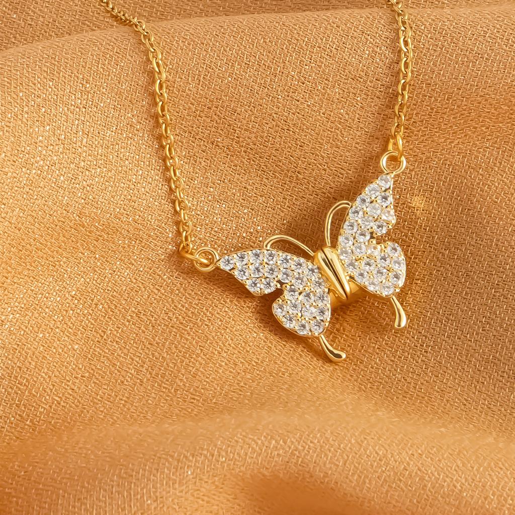Sparkling Butterfly Pendant for Women's Fashion and Exquisite Stainless Steel Gold Plated Necklace for Women's Jewelry Gifts