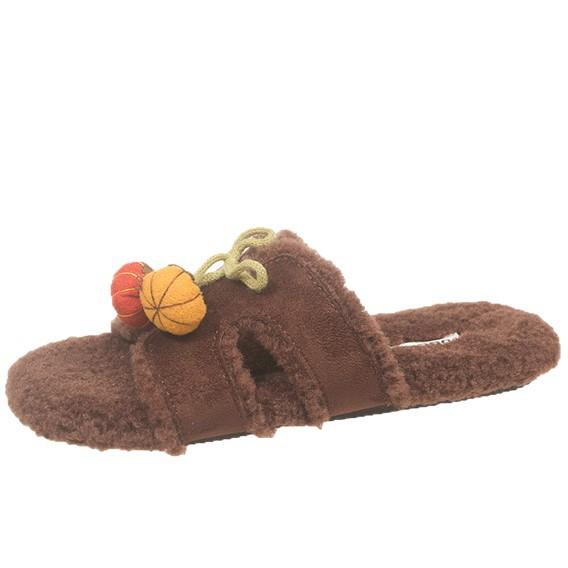 2025 autumn and winter open-toed double one-word with metal buckle Mao Mao shoes flat-soled fashionable versatile soft-soled women's casual slippers