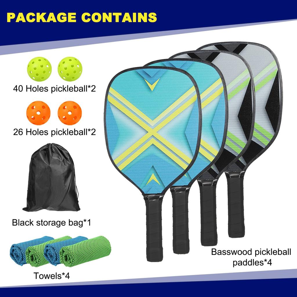 PATIKIL Pickleball Paddle Set with 4 Wooden Pickleball Rackets with Cushion 4 Pickleball 4 Cooling and a Carrying Bag for Men and Women Grips, Balls,