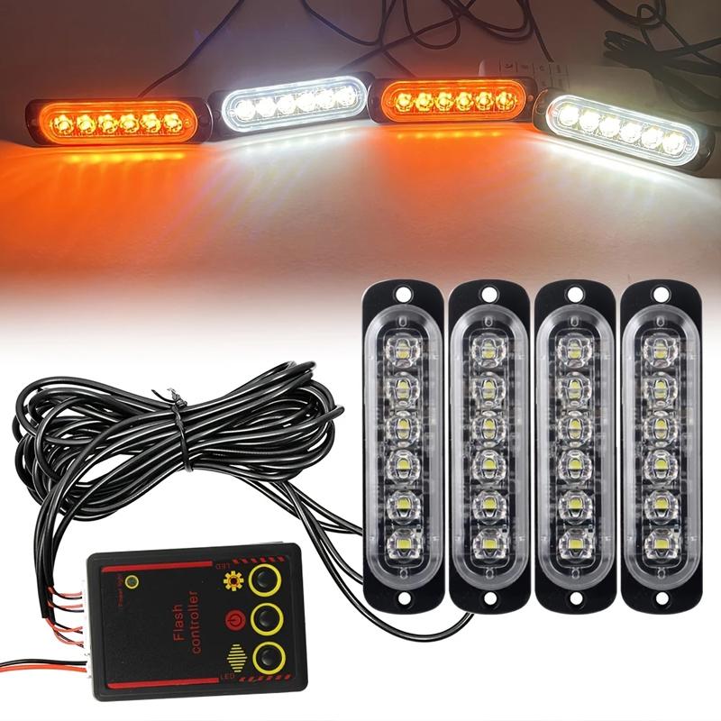 4pcs 6 Led Strobe Side Warning Lights 12V-24V Strobe Grille Flashing Lightbars Cars Truck Beacon Lamp Amber Traffic Lights White