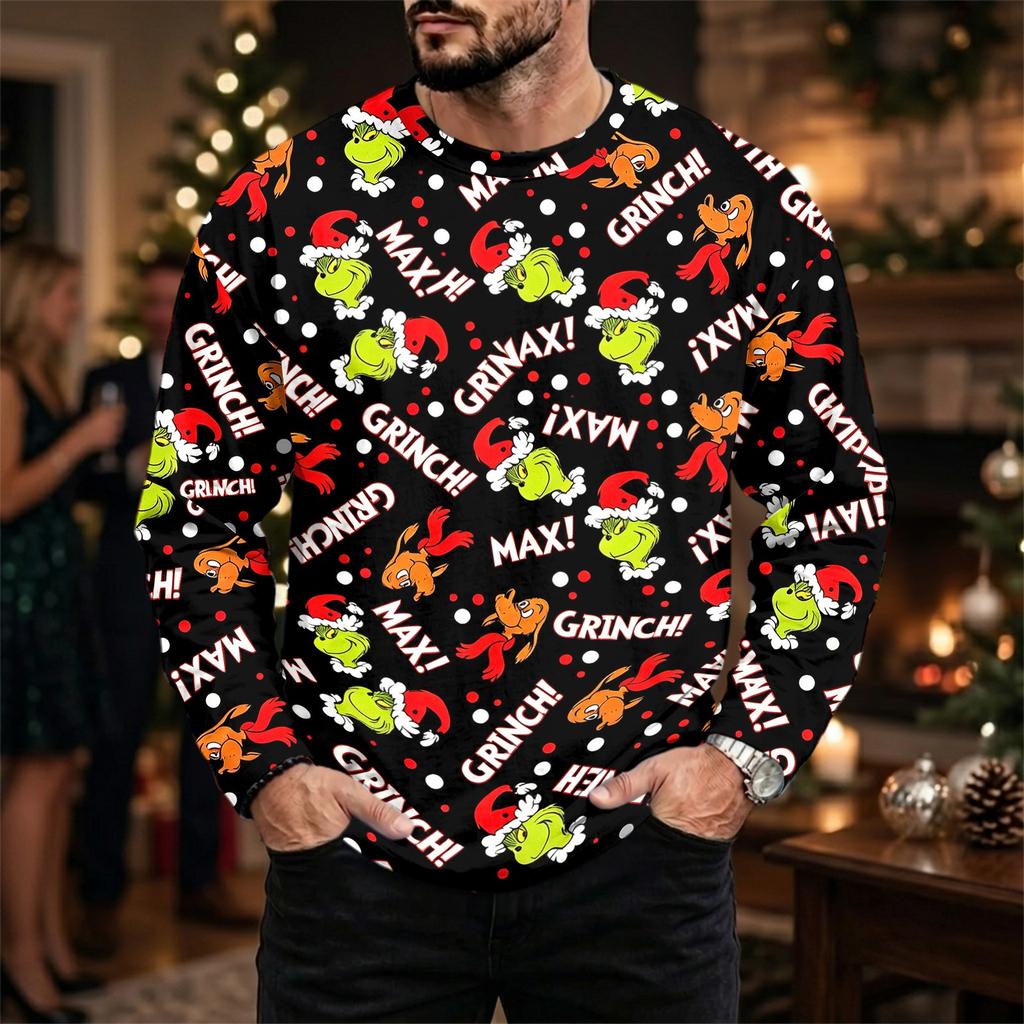 Men's Plus Size Loose Fit Casual Neck Long Sleeve T-Shirt with Christmas Print for Fall and Winter