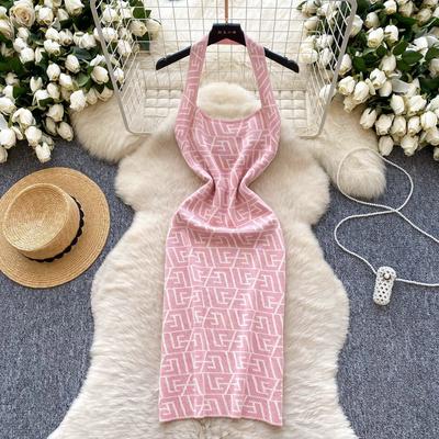 Strapless Square Neck Backless Geometric Printed Knitted Dress for Women's Decoration Long Figure Dress