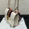 [Pre-Owned] Sylvie Gold Buckle Striped Web Satin Bow Wide Shoulder Strap Leather Handbag - Very Good #TIWKE1