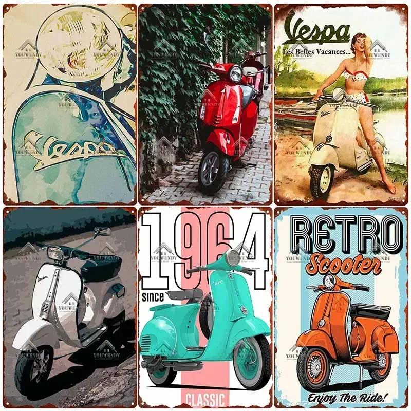 Retro plechová cedule pro domácí dekoraci, Vintage kovový plakát Vespa, Bar, Klub, Motocyklová garáž Nástěnná dekorace, Značka