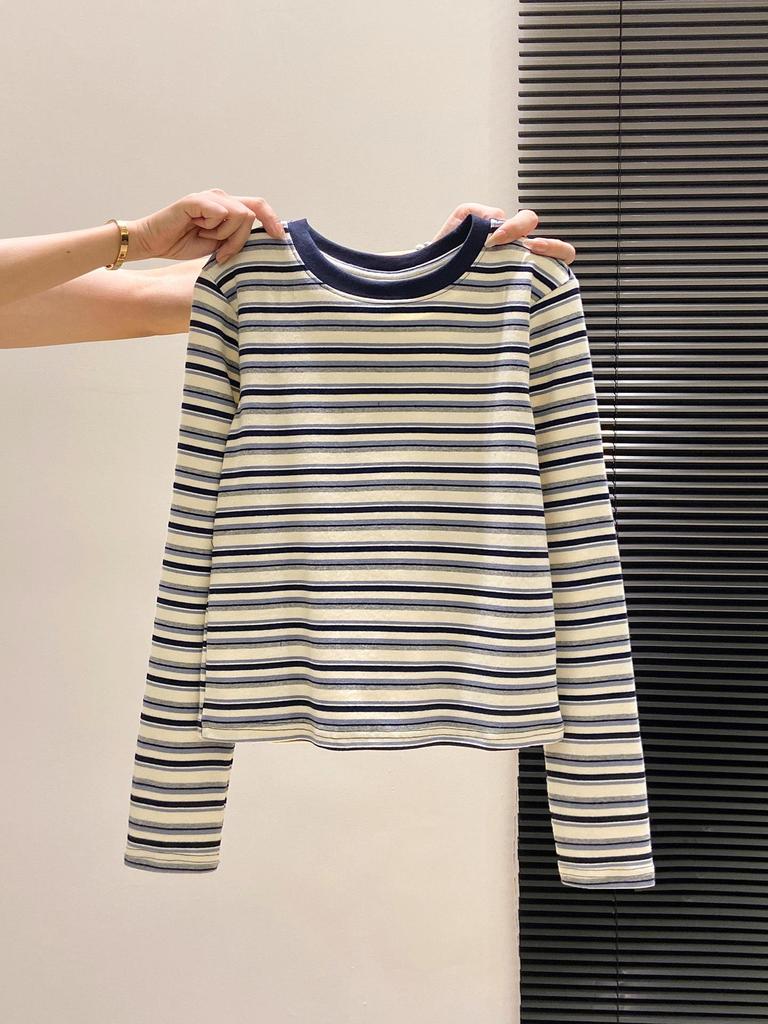 Women's Slim Fit Color Block Stripe Long Sleeve T-shirt - American Design for Spring and Autumn.