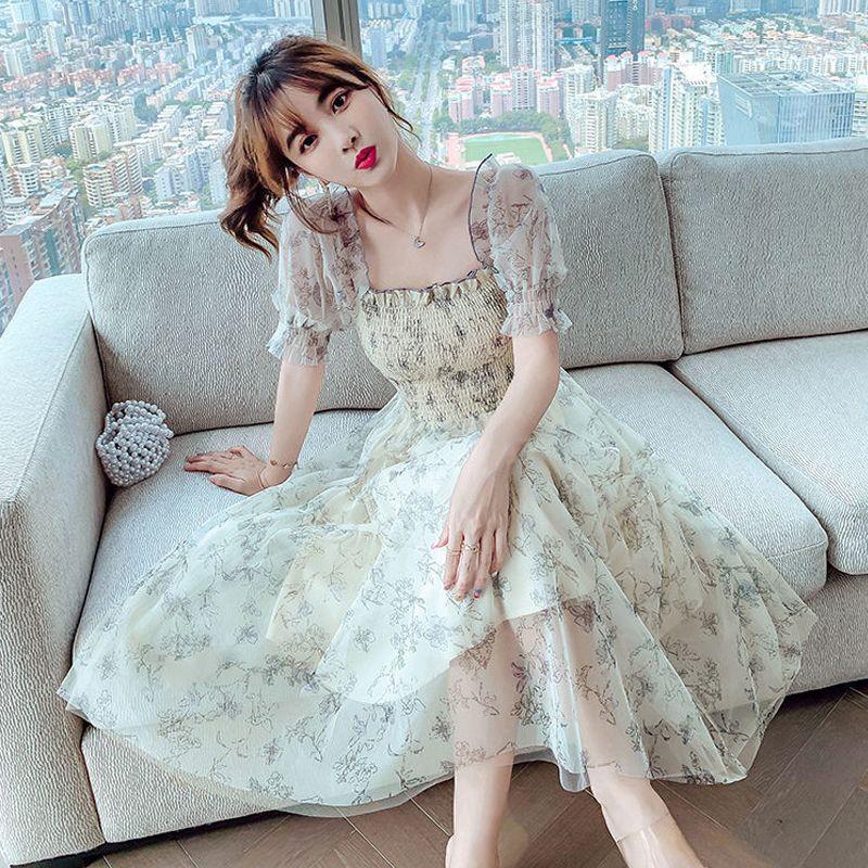 [Workmanship] Floral dress women's 2026 summer bubble sleeves close waist and look thin temperament gentle style skirt