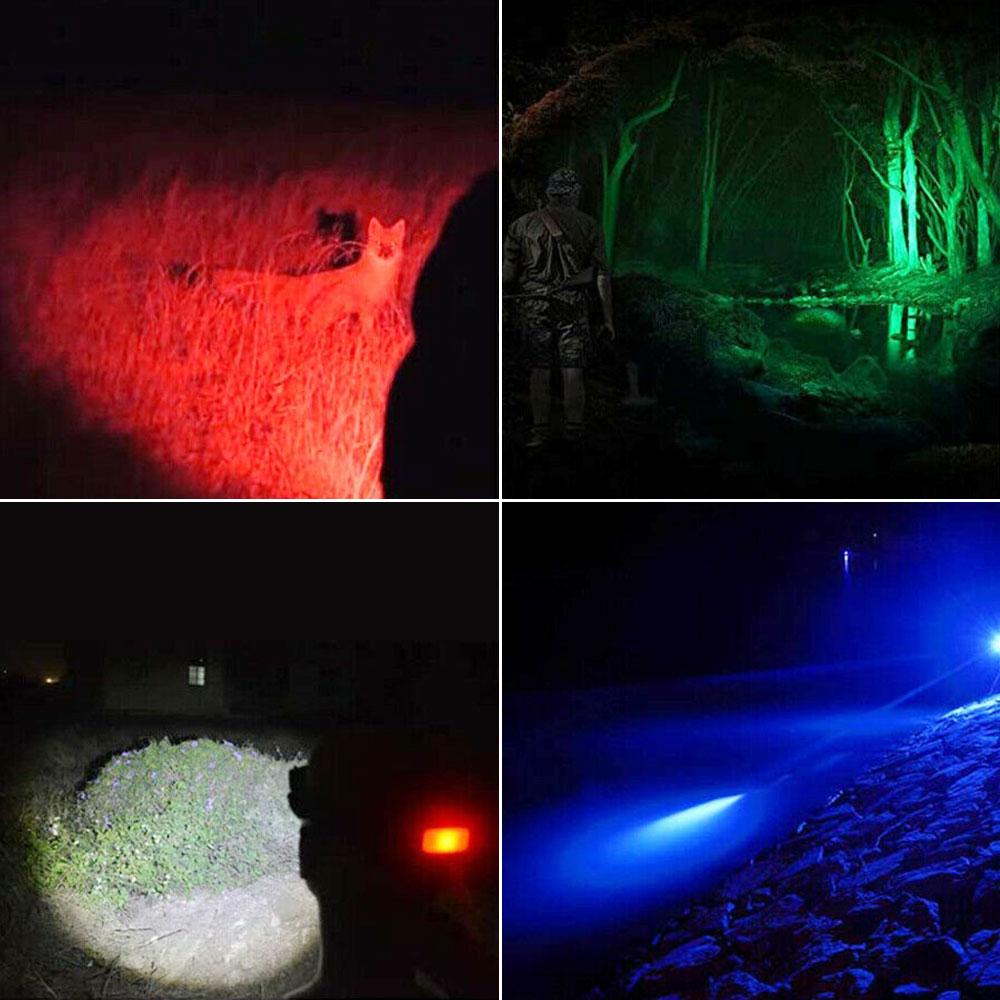 4 In 1 Adjustable Focus LED Headlight Red+Green+Blue+White Zoomable Fishing Front Head Flashlight Torch USB Red Warning Light