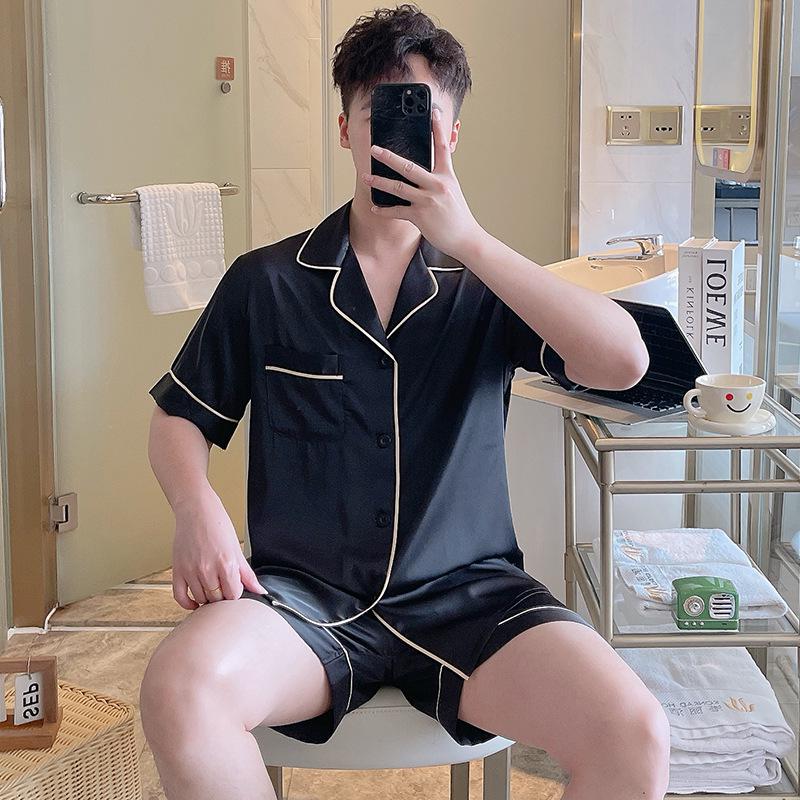 Men's Silk-Feel Summer Pajama Set: Short Sleeve Cardigan & Shorts