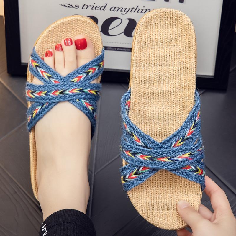 

Летние модные женские нескользящие льняные тапочки на толстой подошве 37