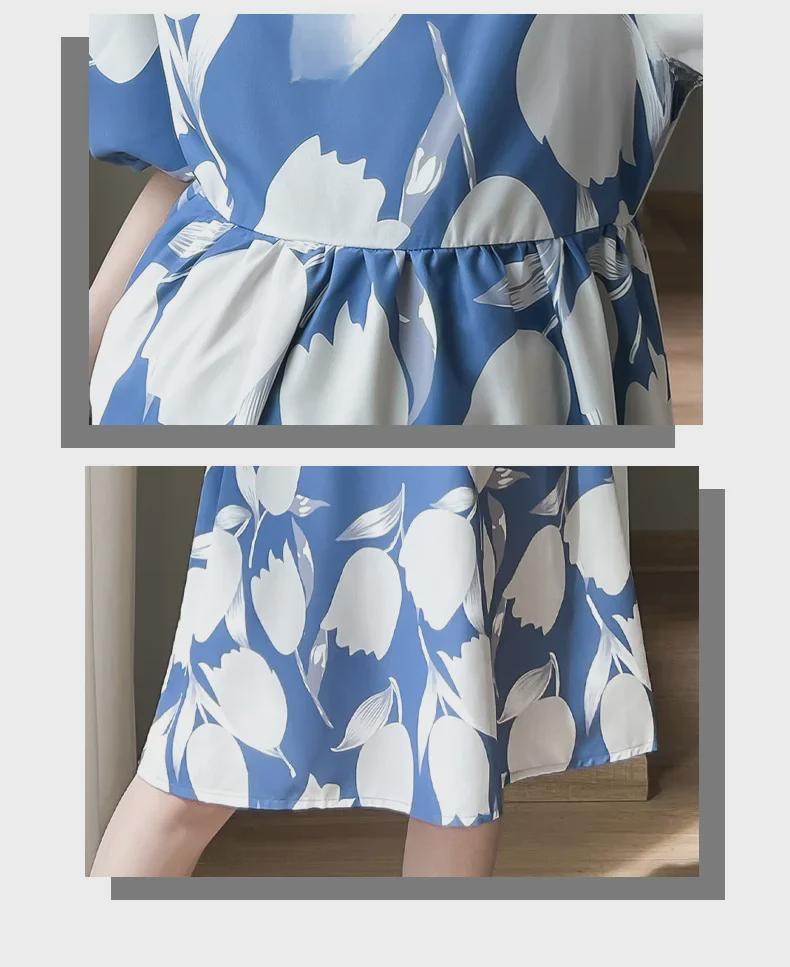2023 French-Style Summer Mid-Length High-End Printed Puff Sleeve Dress for Women