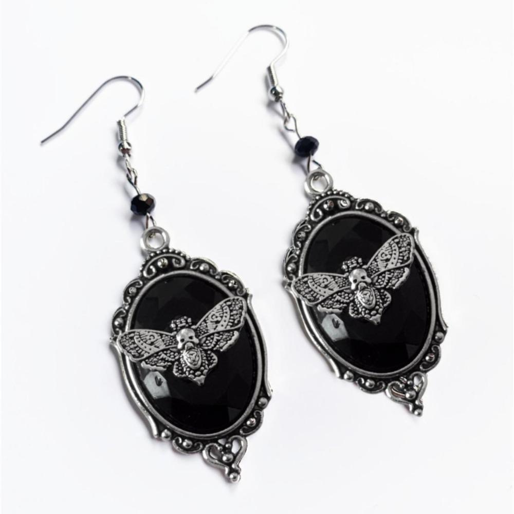 Gothic Retro Sliver Color Geometry Oval Lacework Relief Moth Skull Dangle Earrings for Women Hallowmas Mysterious Witch Jewelry