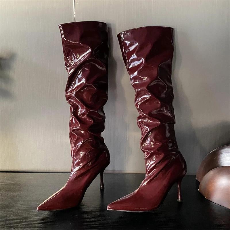 Eilyken Fashion Patent Leather Knee-High Boots Women Pleated Thin High Heels Wedding Banquet Shoes Winter Autumn Long Booties