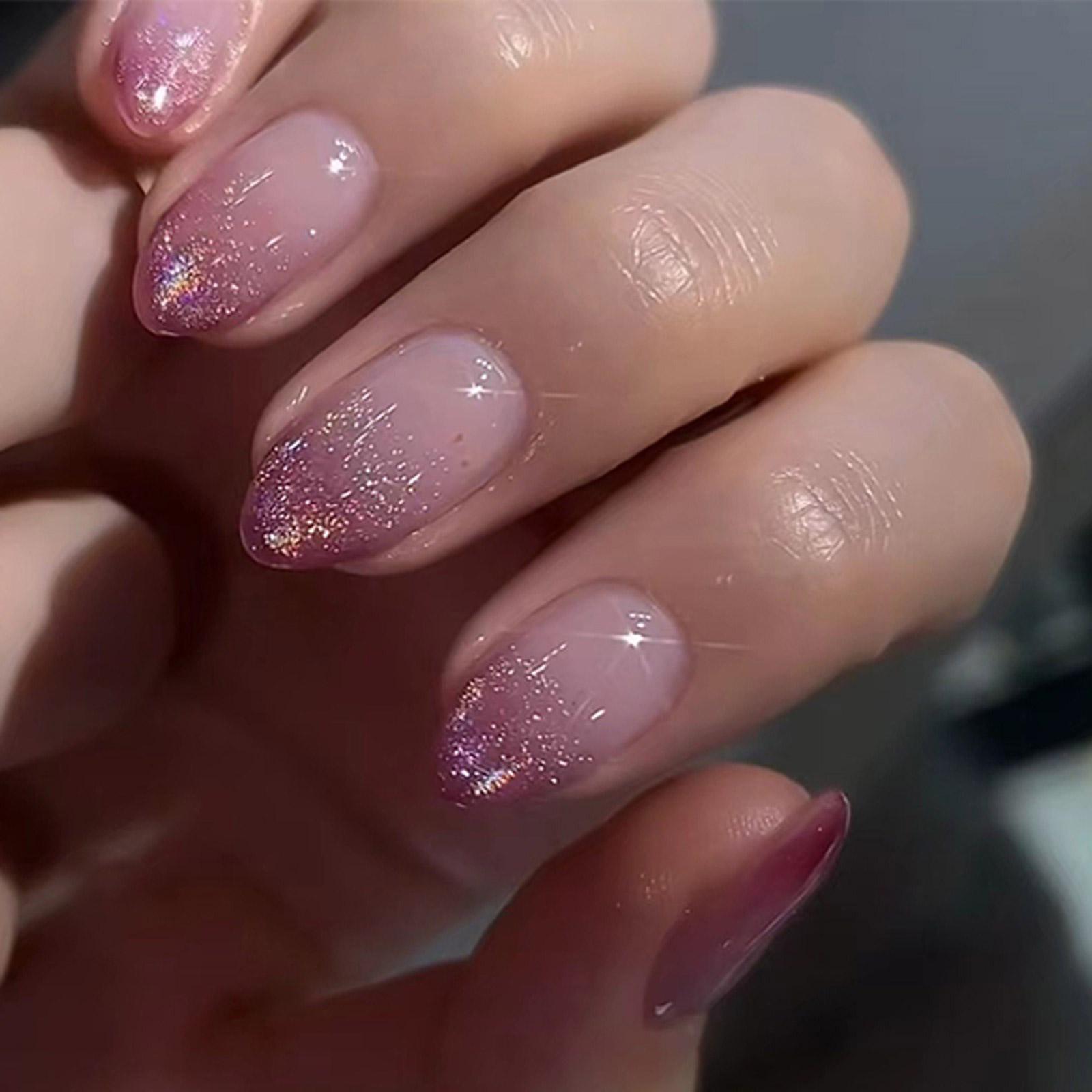 

Упаковка из 24 накладных ногтей с градиентами, фиолетовыми мерцающими узорами, короткие французские кончики, миндалевидная форма, клеи для накладных ногтей для женщин