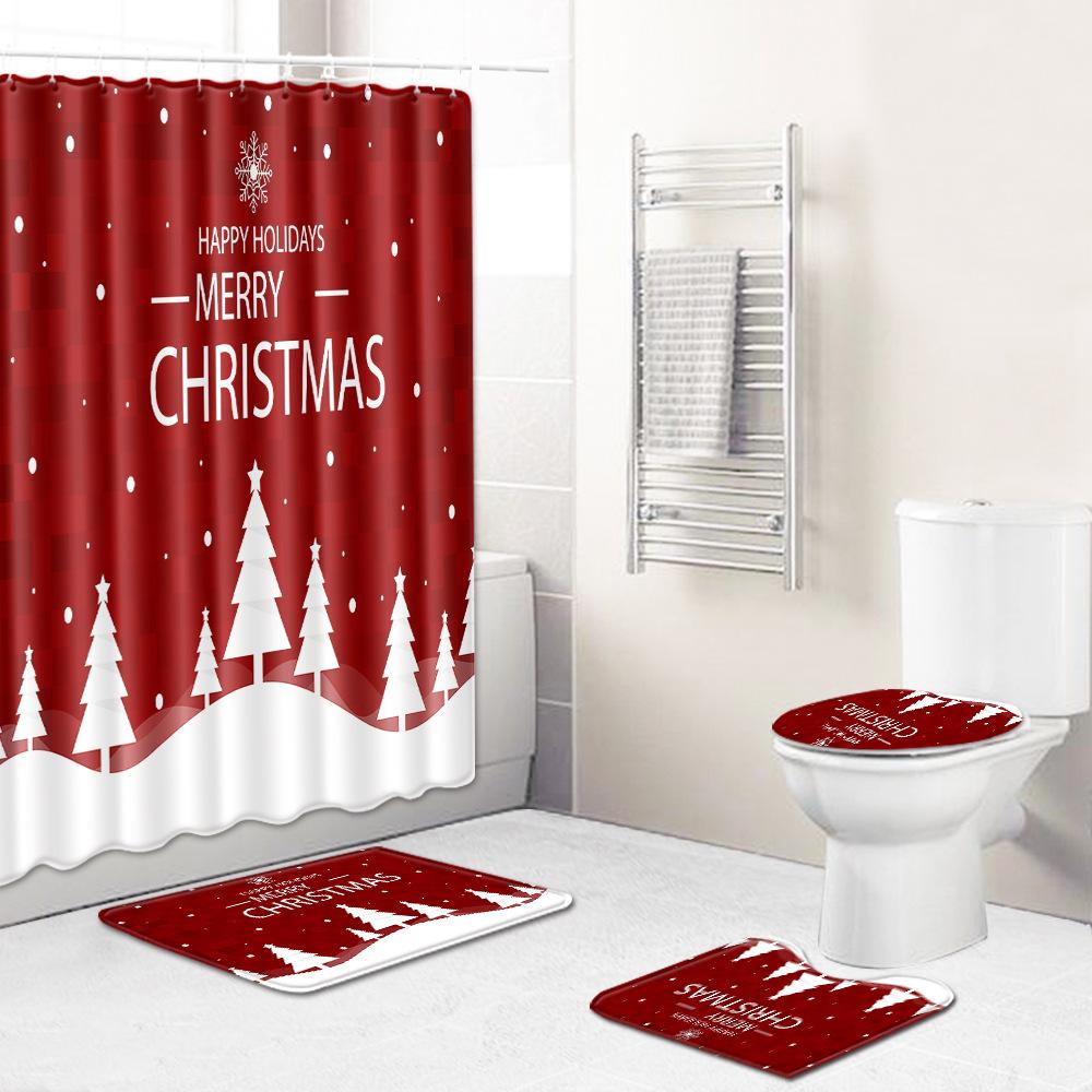 Christmas Waterproof Shower Curtain Four-Piece Combination Floor Mat Entrance Door Mat Bedroom Living Room Carpet