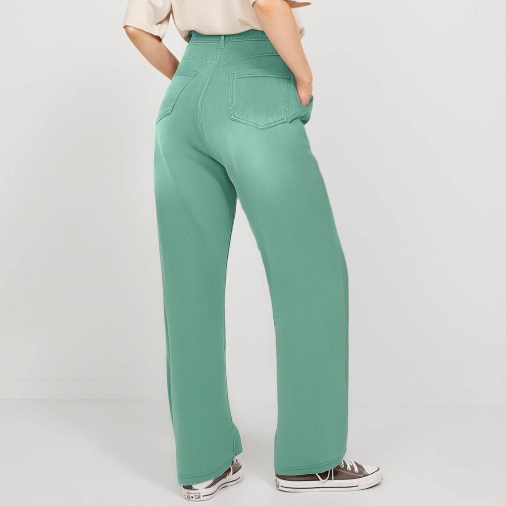 Damen Jeans Lässig Einfarbig Stretch Knopf Gerade Jeans