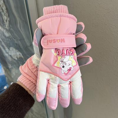 Gants de ski pour enfants Hiver Filles Velours Épais Chauds et Coupe-vent Cinq Doigts Dessin Animé Mignon Étudiant Équitation