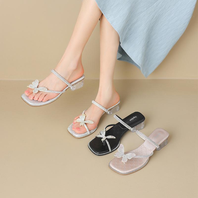 Augustine thick-heeled slippers women's summer wear 2025 new butterfly sandals toe-to-toe temperament high heels