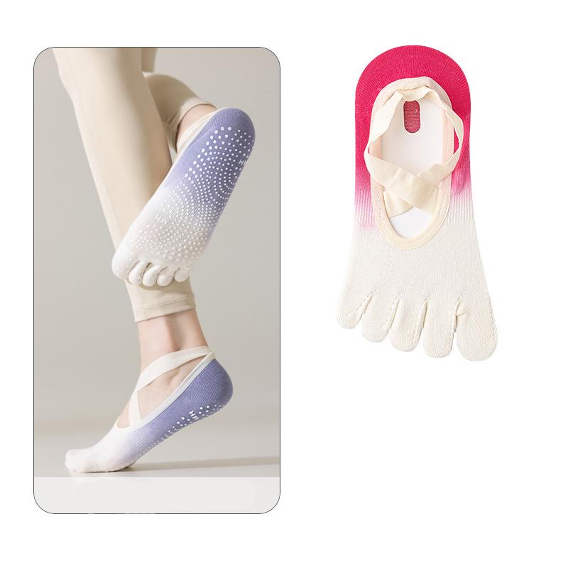 Low Cut Athletic Wrap Straps Grip Dots Anti Slip Breathable Cotton Gradient Fitness Ballet Style No Show Five Toe Yoga Socks