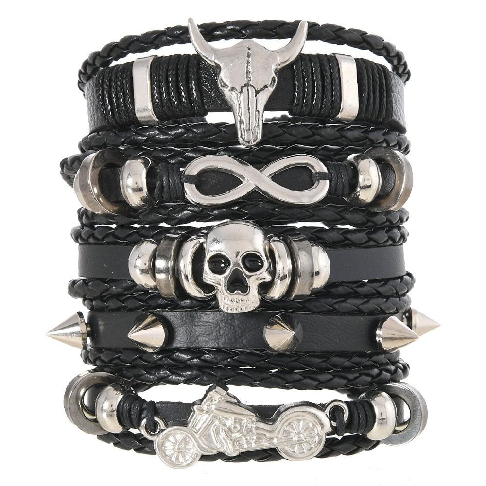 Alloy Men's Bracelet, Multi-layered Leather Skull Bangle, Viking Bracelet