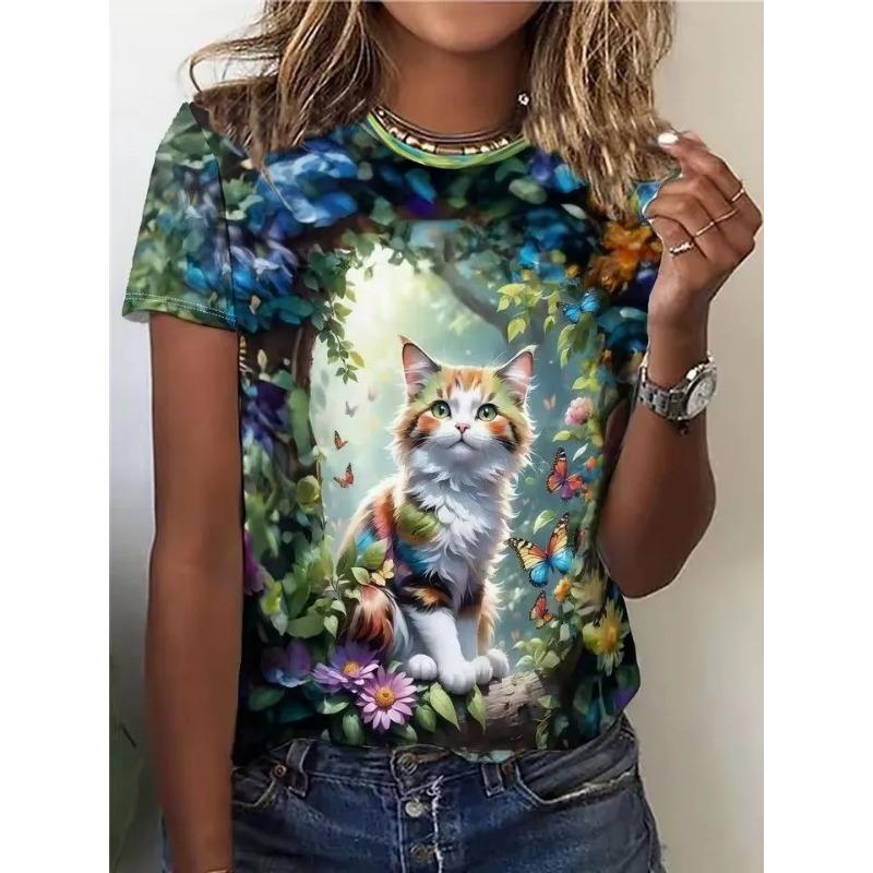 Summer Round Neck 3D Cute Cat Pattern Print Top Fashionable Casual Short Sleeved Women's T-shirts