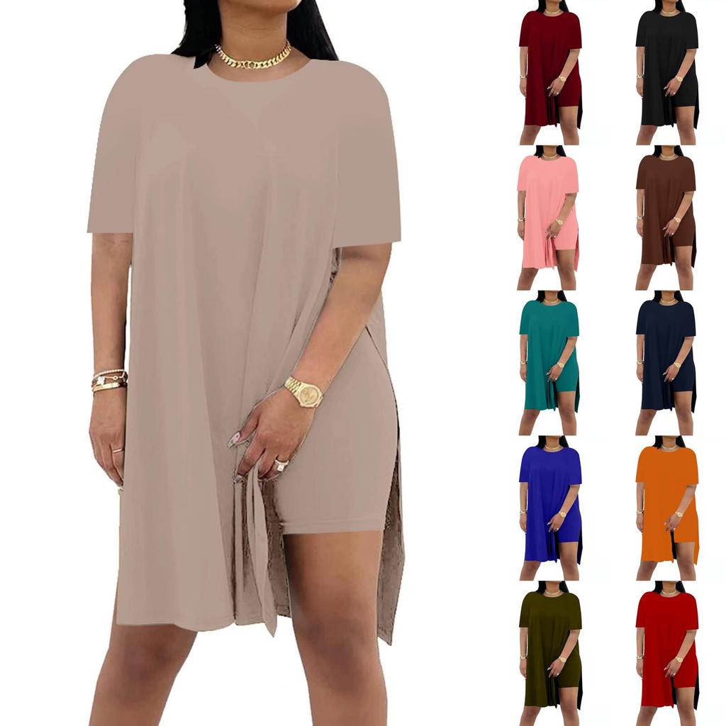 Women Summer Two Piece Set Short Sleeve Loose Fit Top with Side Slit and Matching Shorts Casual Lightweight Lounge Wear