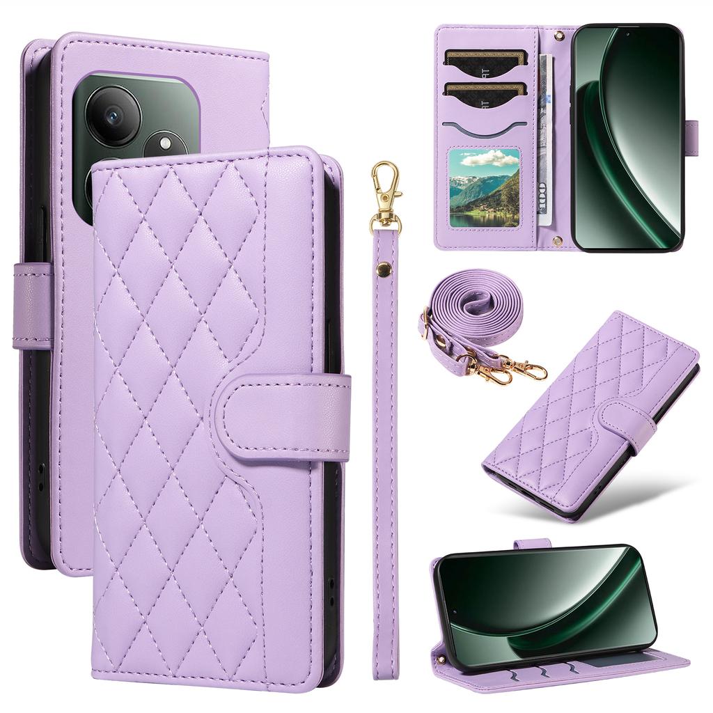 For Realme GT 6 5G Case Wallet Rhombus Leather Phone Cover with Shoulder Strap,Wrist Strap