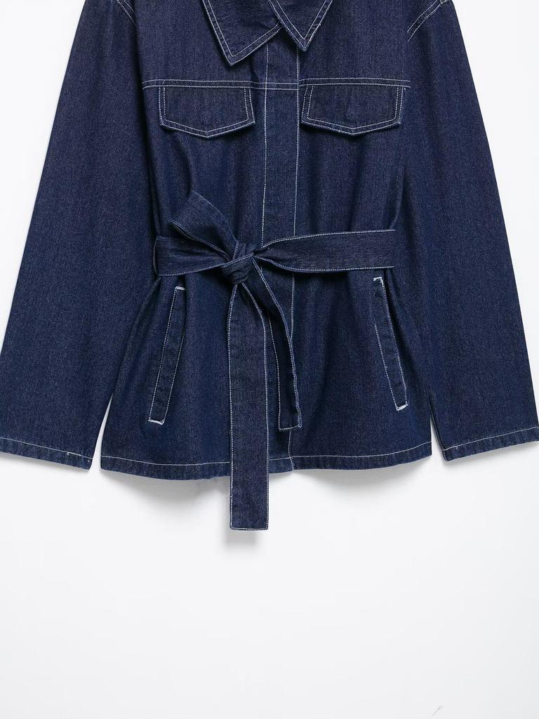 2025 Frühling Damen Jeansjacke mit Gürtel & Straight-Leg Hose Set