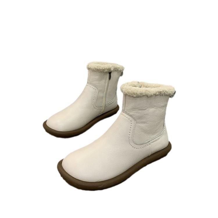 Handmade Retro Round Head Cotton Shoes Women's Winter 2024 Piled Thickened Snow Boots Zipper Short Boots Warm Small Leather Boots