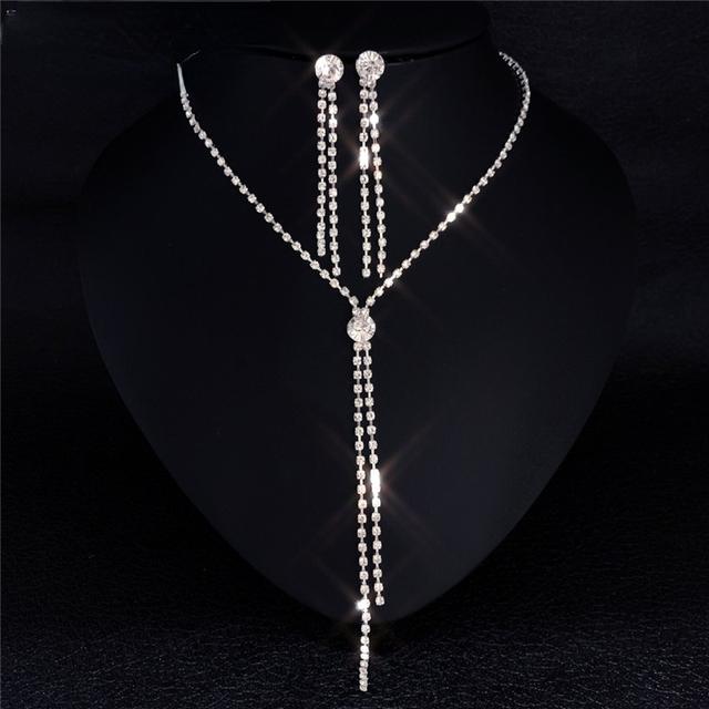 Water Drop Rhinestone Long Pendant Full Crystal Stone Color Plated Necklaces Earrings Elegant Bridal Nuptial Bridal Jewelry SetElegant Drop