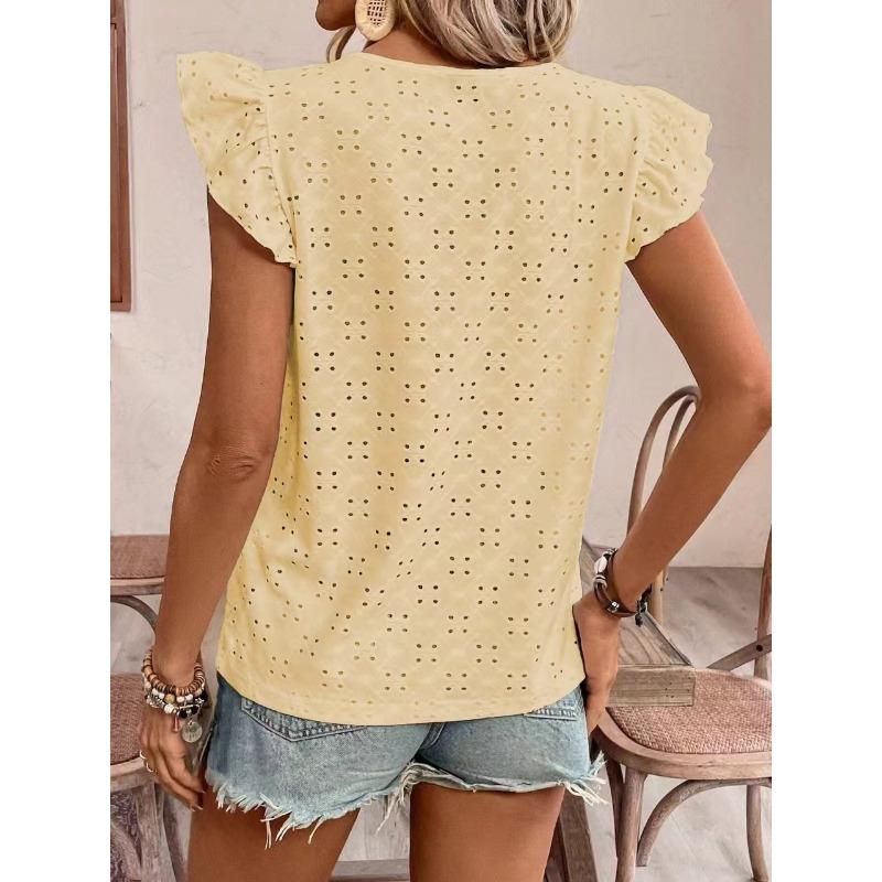 YYFS Damenmode Lässig Frühling Sommer Einfarbig Druck Kurzarm O-Ausschnitt Blusen & Hemden