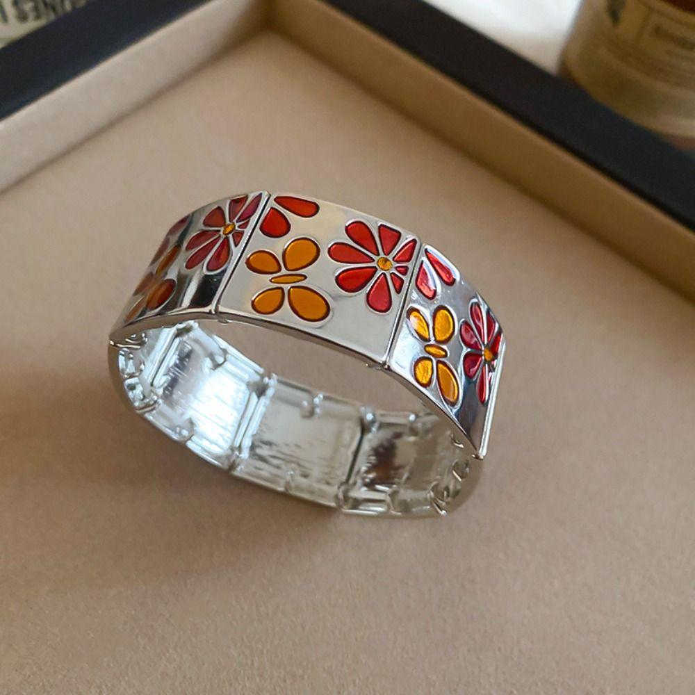 Metal Geometric Square Bangle Gold Elastic Bangles Drip Oil Flower Bracelet  Jewelry Accessories