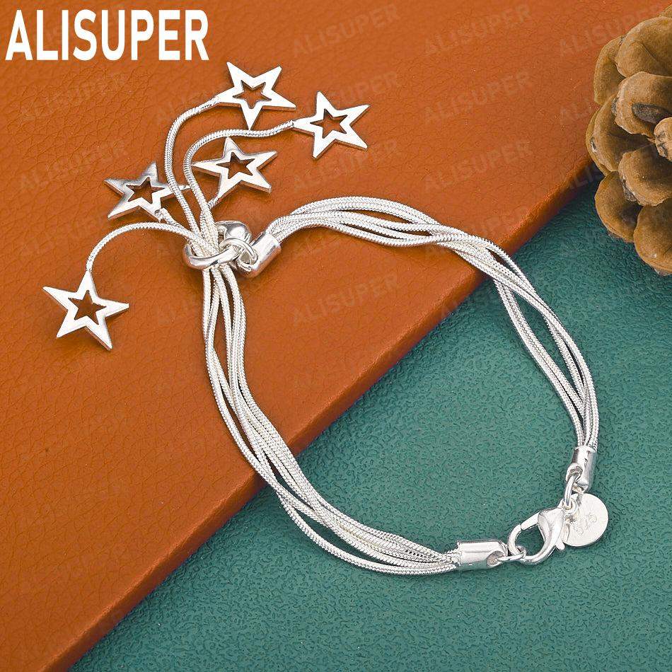 925 Sterling Silver Tassel Hollowed-out Five-pointed Star Side Chain Beautiful Bracelet Gift Jewelry 20CM