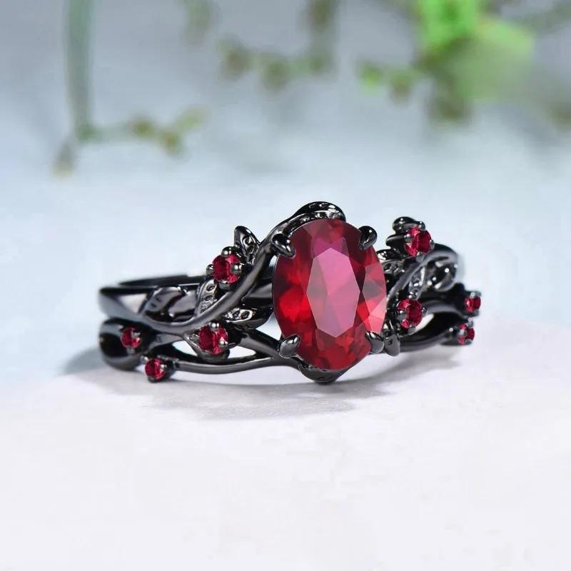 1Pc Exquisite Black Color Round Flower Red Stone Rings For Women Jewelry Anniversary Rings Gift