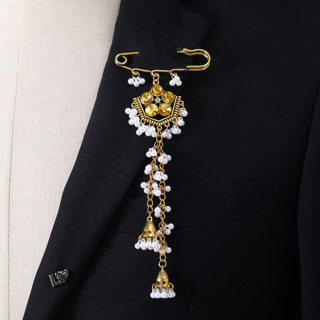 Bohemian Rhinestone Flower Tassel Brooch for Women - Exotic Style Suit Coat Pin