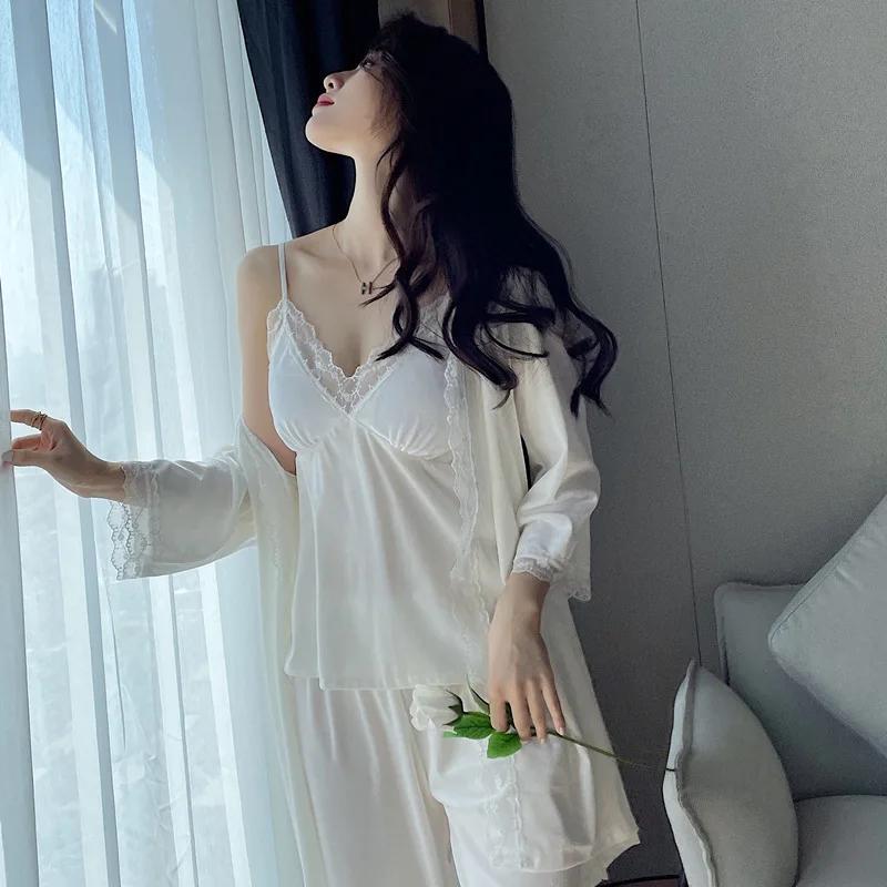 Women Velour Pajamas Set Red Lace 3PCS Sleepwear V-neck Bathrobe Suit Autumn New Arrival RobeTopsPants Casual Pijamas Home Clothes