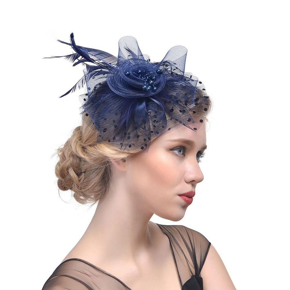 

Mesh Flowers Feathers Hat Hair Accessories Mardi Gras Headband Feathers Hair Clip Cocktail Wedding темно-синього кольору