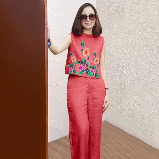 2 Pcs/Set Women Top Pants Set Flower Printing Elastic Waist Casual Sleeveless Loose Daily Wear Round Neck Plus Size Lady Vest
