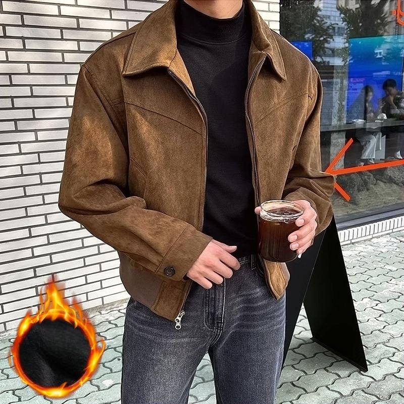 Autumn and Winter Men's Short Loose Lapel Velvet Zipper Jacket Hong Kong Style Jacket