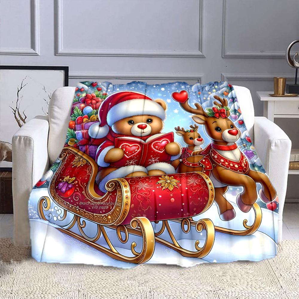 Christmas Bear and Reindeer on Sleigh Patterned flannel blanket perfect for the bedroom living room, sofa, or a little nap