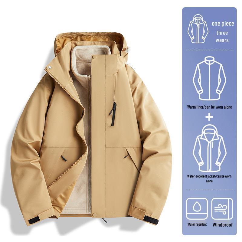 Unisex 2024 Autumn/Winter 3-in-1 Windproof Jacket: Waterproof, Fleece-Lined, Loose Fit, Casual Outerwear.