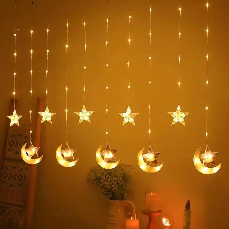 Ramadan String Lights LED Curtain with Moon Castle for Eid Mubarak Celebration Islamic Festive Window Decor Home Atmosphere