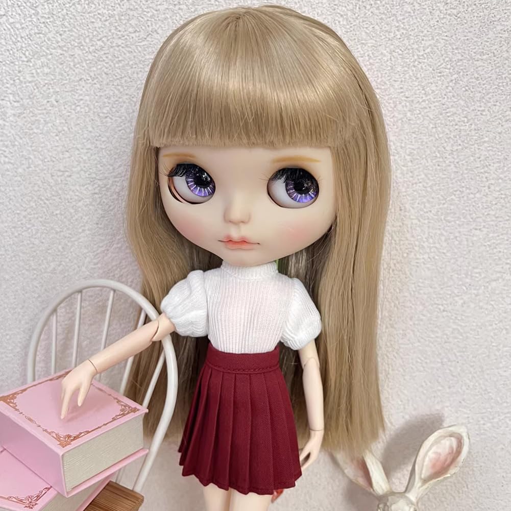 rakulifey Blythe doll outfit, 2-piece set (white + khaki), includes top and skirt, suitable for Neo Blythe dolls and Obitsu 24 dolls.