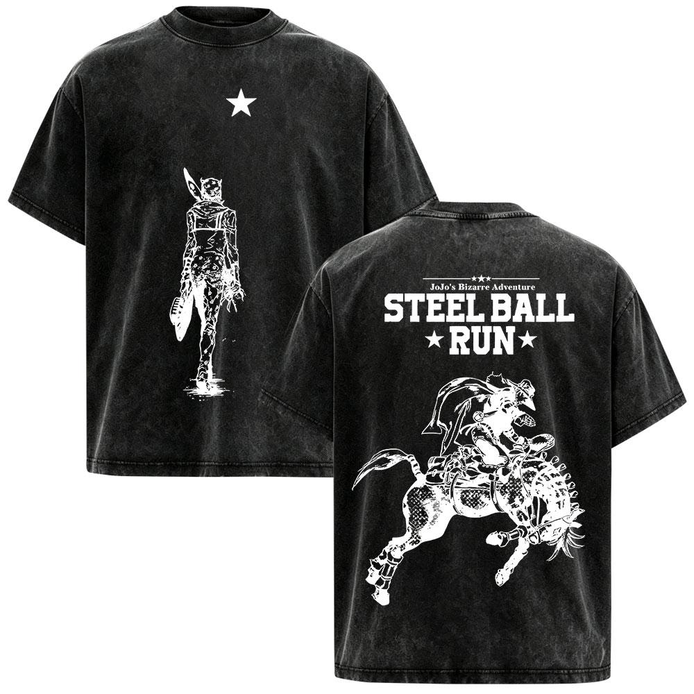 Anime JoJo Bizarre Adventure STEEL BALL RUN Johnny Joestar Magliette Vintage Lavate Uomo Donna Manica Corta Oversize Magliette