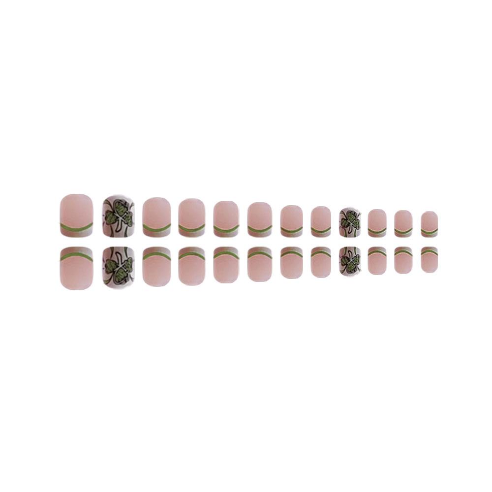 24pcs Press On Nails Short Square Wear Nails St. Patrick's White Border Clover Cross-Border Manicure Nail Stickers Removable Nail Stickers