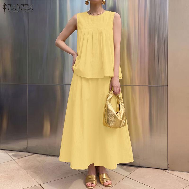 ZANZEA Women Elegant Casual Sleeveless Vest Tops With Loose Skirts Two Piece Suit Sets