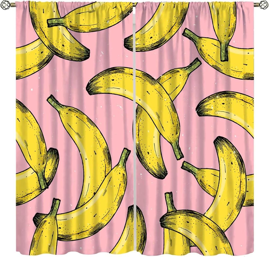 Fruit Window Curtains,Pink Cute Strawberry Green Leaves Flower Retro Art Print Window Drapes for Kids Girls Bedroom Living Room