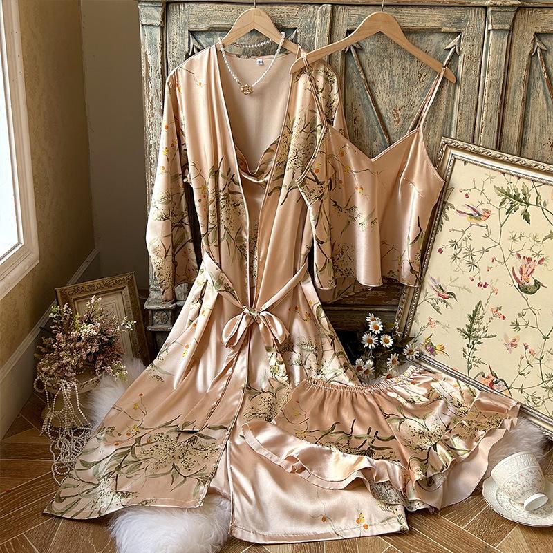 European and American style sexy V-neck ice silk suspender skirt homewear multi-piece set summer women's large-size pajamas set